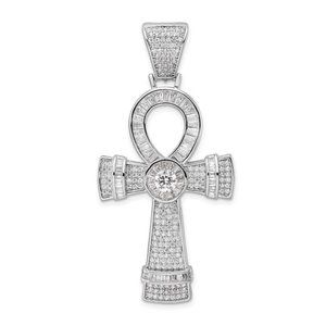 925 Sterling Silver Rhodium-plated Polished Large Unisex CZ Ankh Cross Pendant